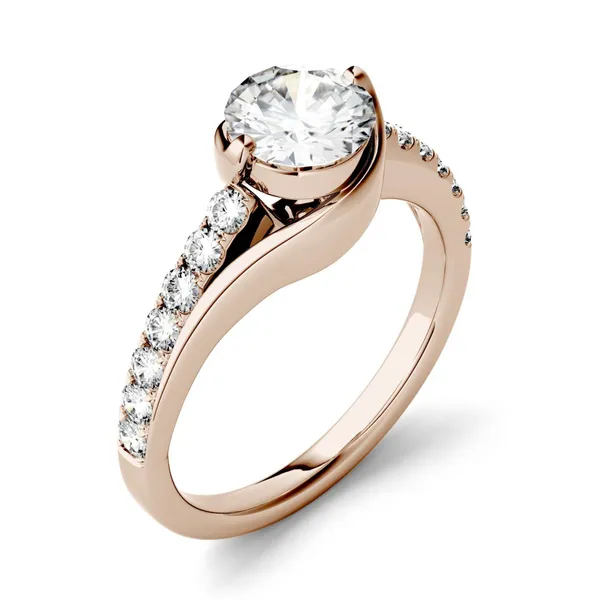 1.21 CTW DEW Round Forever One Moissanite Swirl Solitaire with Side Accents Engagement Ring in 14K Rose Gold