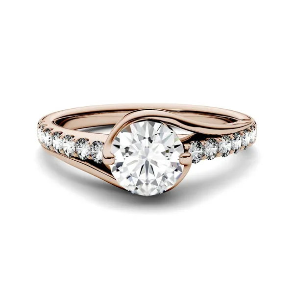 1.21 CTW DEW Round Forever One Moissanite Swirl Solitaire with Side Accents Engagement Ring in 14K Rose Gold