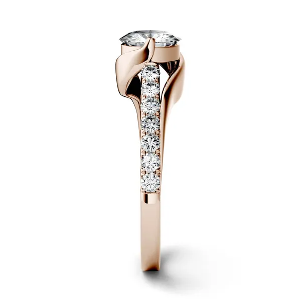 1.21 CTW DEW Round Forever One Moissanite Swirl Solitaire with Side Accents Engagement Ring in 14K Rose Gold