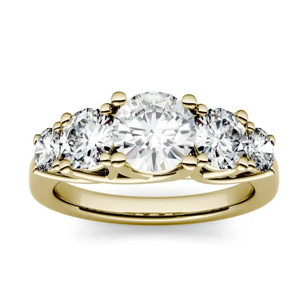 2.32 CTW DEW Round Forever One Moissanite Five Stone Trellis Fashion Ring in 14K Yellow Gold