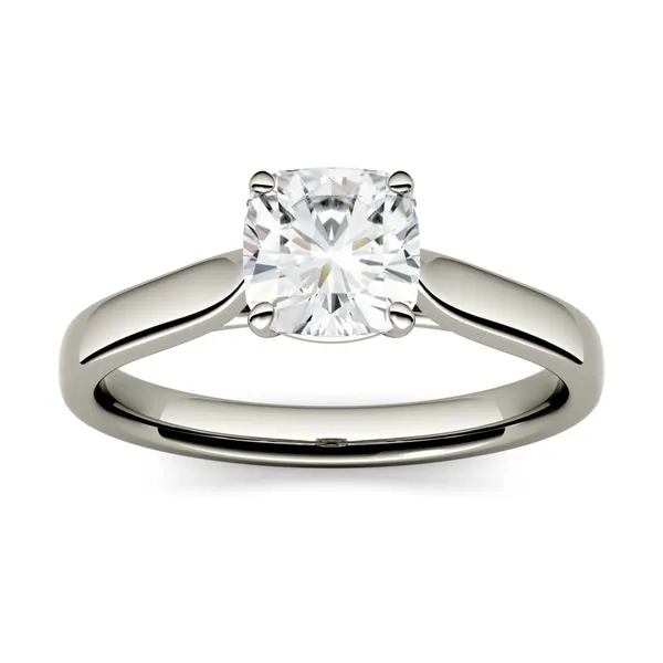1.10 CTW DEW Cushion Forever One Moissanite Cathedral Solitaire Engagement Ring in 14K White Gold