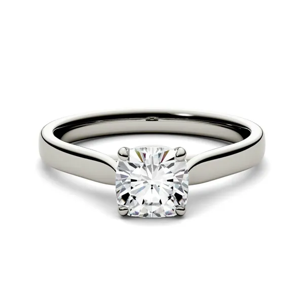 1.10 CTW DEW Cushion Forever One Moissanite Cathedral Solitaire Engagement Ring in 14K White Gold