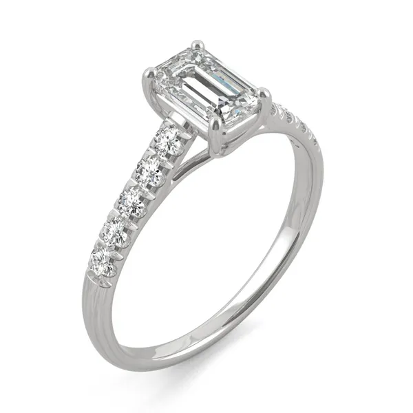 Forever One 1.26CTW Emerald Colorless Moissanite Solitaire with Side Accents Engagement Ring in 14K White Gold