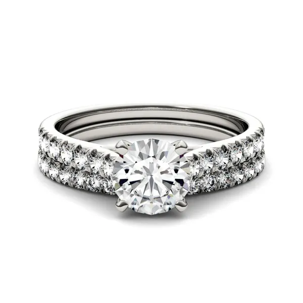 1.61 CTW DEW Round Forever One Moissanite Solitaire with Side Accents Bridal Set Ring in 14K White Gold