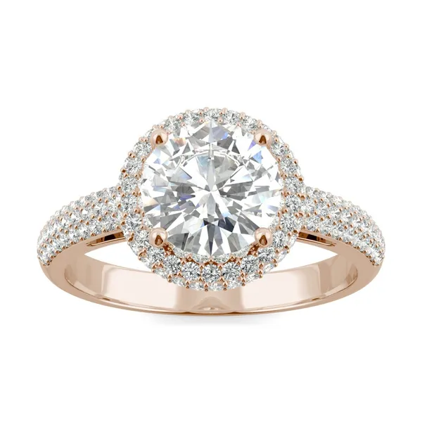 2.45 CTW DEW Round Forever One Moissanite Three Row Pave Halo Ring in 14K Rose Gold