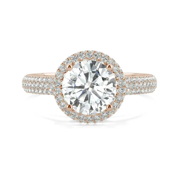 2.45 CTW DEW Round Forever One Moissanite Three Row Pave Halo Ring in 14K Rose Gold