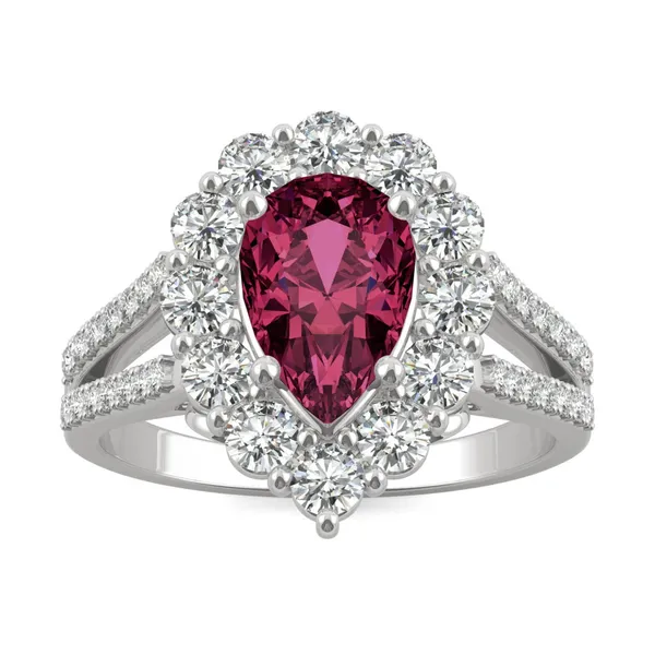 Ruby Pear Halo Split Shank Ring