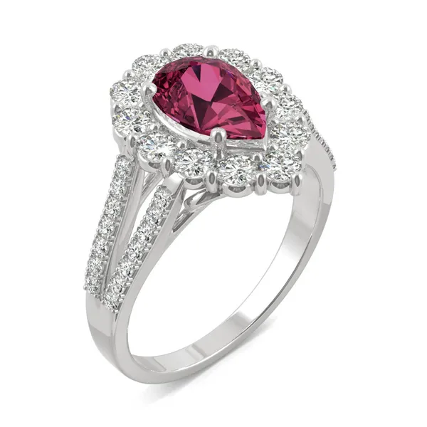 Ruby Pear Halo Split Shank Ring