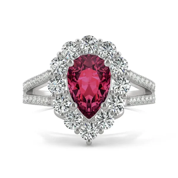 Ruby Pear Halo Split Shank Ring