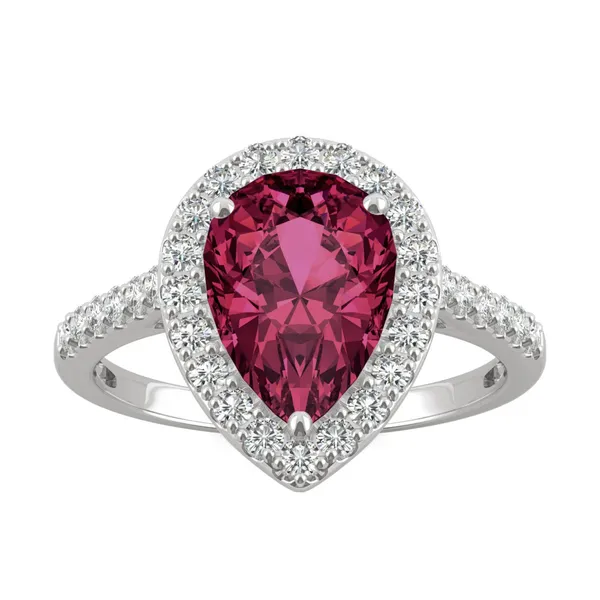 Ruby Pear Halo Moissanite Ring in 14K White Gold