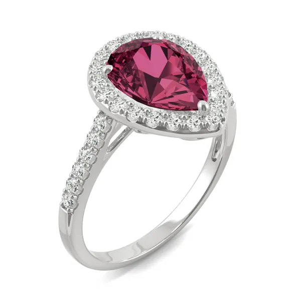 Ruby Pear Halo Moissanite Ring in 14K White Gold