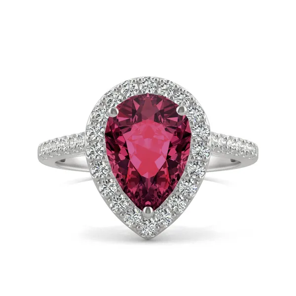 Ruby Pear Halo Moissanite Ring in 14K White Gold