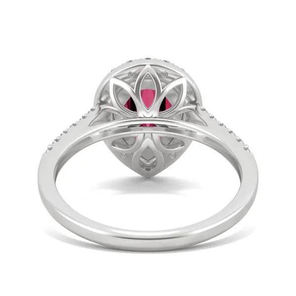 Ruby Pear Halo Moissanite Ring in 14K White Gold