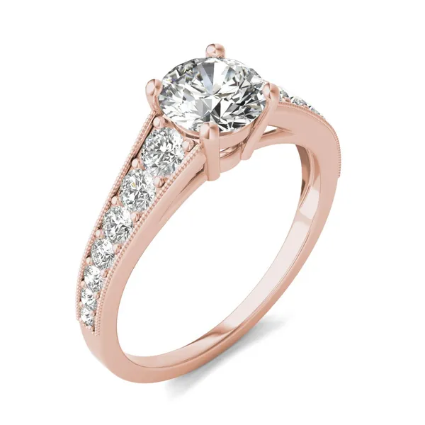 7/8 CTW Round Caydia Lab Grown Diamond Milgrain Solitaire with Side Accents Engagement Ring 14K Rose Gold