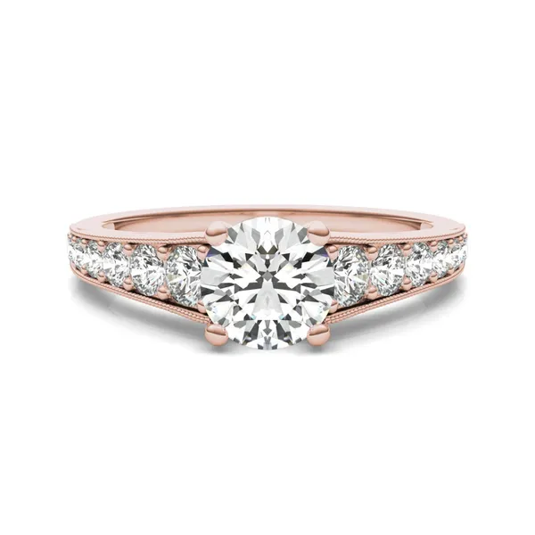 7/8 CTW Round Caydia Lab Grown Diamond Milgrain Solitaire with Side Accents Engagement Ring 14K Rose Gold