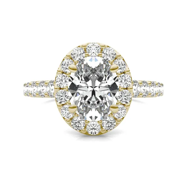 3 CTW Oval Caydia Lab Grown Diamond Shared Prong Halo Engagement Ring 18K Yellow Gold