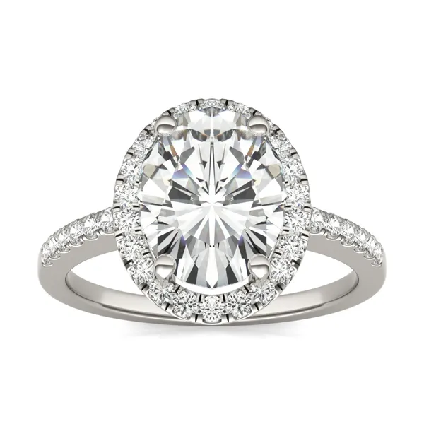 3.34 CTW DEW Oval Forever One Moissanite Halo Accented Engagement Ring in 14K White Gold
