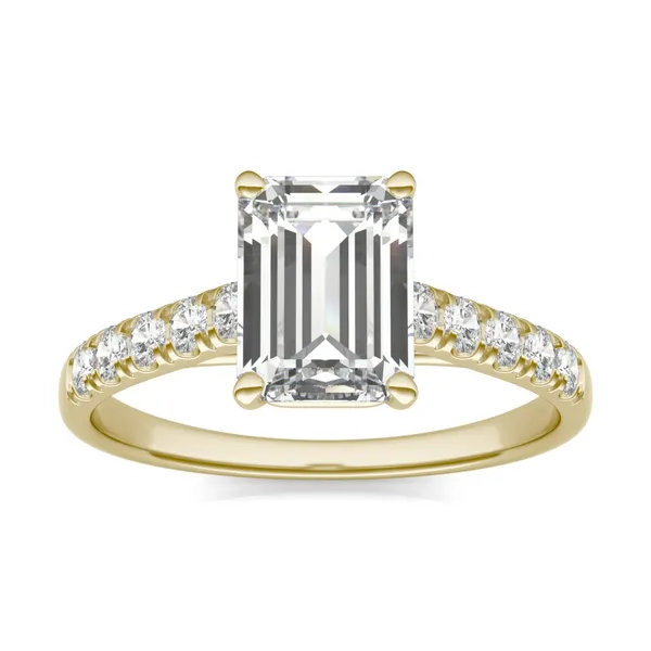 2.05 CTW DEW Emerald Forever One Moissanite Cathedral Accented Engagement Ring in 14K Yellow Gold