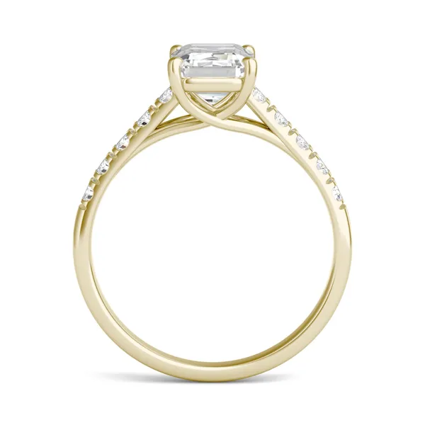 2.05 CTW DEW Emerald Forever One Moissanite Cathedral Accented Engagement Ring in 14K Yellow Gold