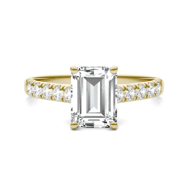 2.05 CTW DEW Emerald Forever One Moissanite Cathedral Accented Engagement Ring in 14K Yellow Gold