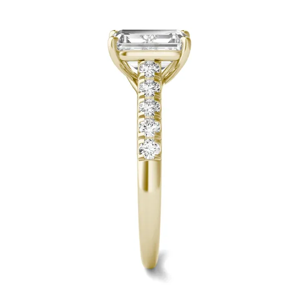 2.05 CTW DEW Emerald Forever One Moissanite Cathedral Accented Engagement Ring in 14K Yellow Gold