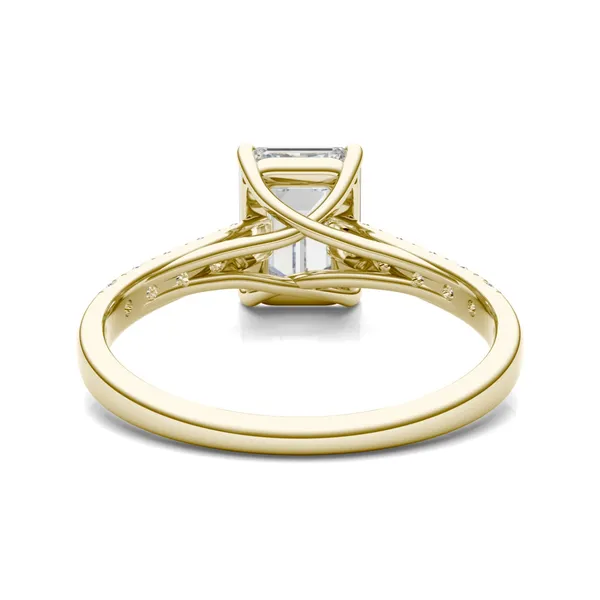 2.05 CTW DEW Emerald Forever One Moissanite Cathedral Accented Engagement Ring in 14K Yellow Gold
