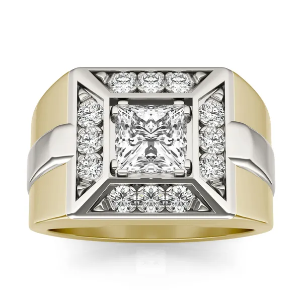 1.42 CTW DEW Princess Lab Grown Diamond Halo Men's Ring in 14K Two-Tone White and Yellow Gold