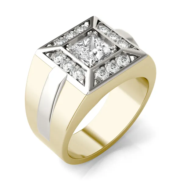 1.42 CTW DEW Princess Lab Grown Diamond Halo Men's Ring in 14K Two-Tone White and Yellow Gold