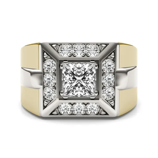 1.42 CTW DEW Princess Lab Grown Diamond Halo Men's Ring in 14K Two-Tone White and Yellow Gold