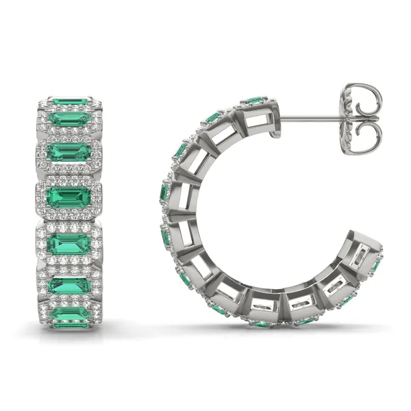 Emerald East-West Halo Midi Hoop Earrings