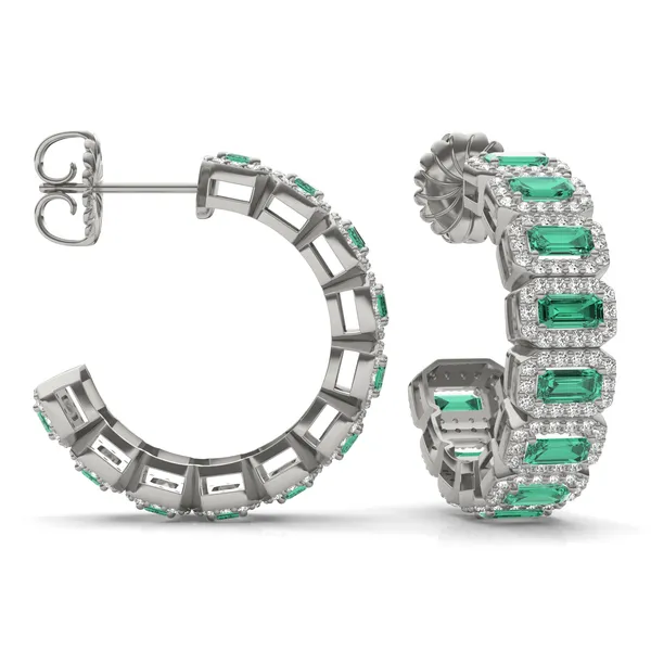 Emerald East-West Halo Midi Hoop Earrings