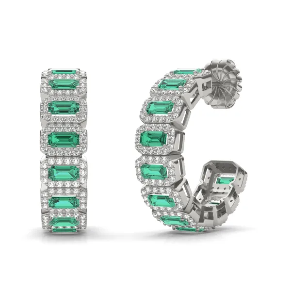 Emerald East-West Halo Midi Hoop Earrings