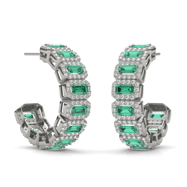 Emerald East-West Halo Midi Hoop Earrings