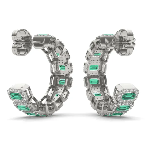 Emerald East-West Halo Midi Hoop Earrings