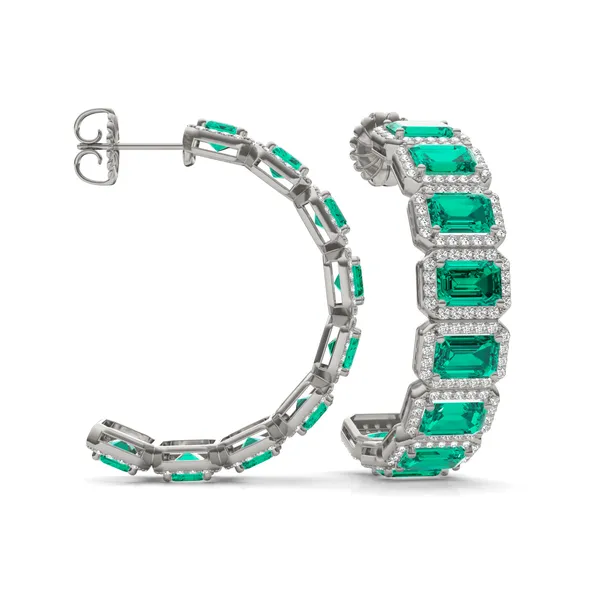 Emerald East-West Halo Bold Hoop Earrings