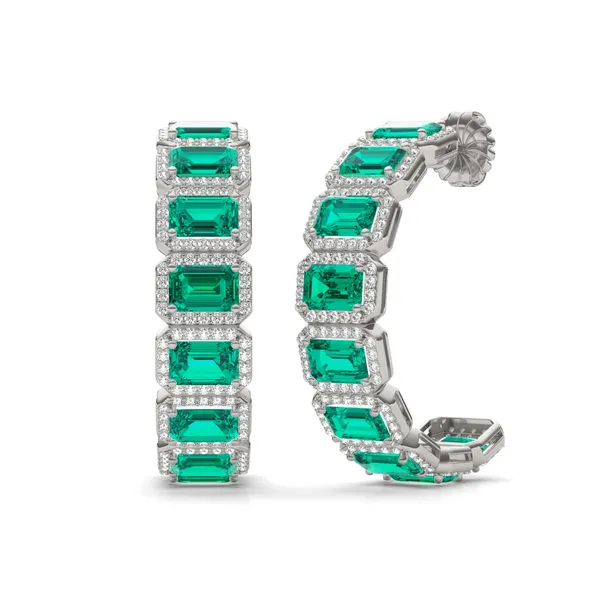 Emerald East-West Halo Bold Hoop Earrings