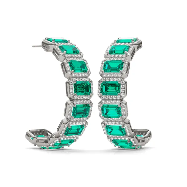 Emerald East-West Halo Bold Hoop Earrings