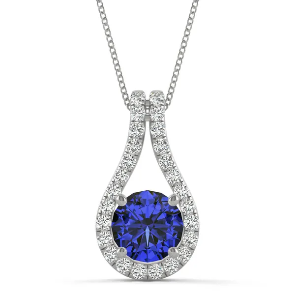 Sapphire Round Drop Halo Pendant in 14K White Gold