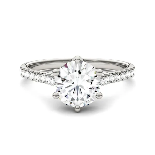 Round Brilliant Accented Six-Prong Trellis Engagement Ring