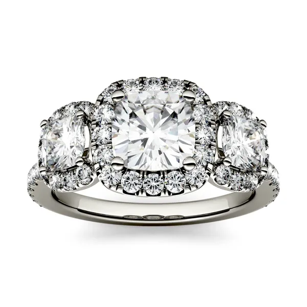 Cushion Three Stone Accented Halo Engagement Ring