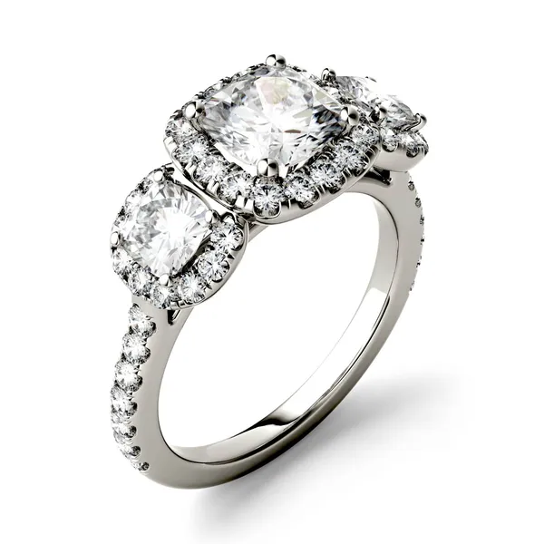 Cushion Three Stone Accented Halo Engagement Ring