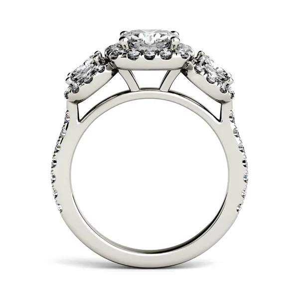 Cushion Three Stone Accented Halo Engagement Ring