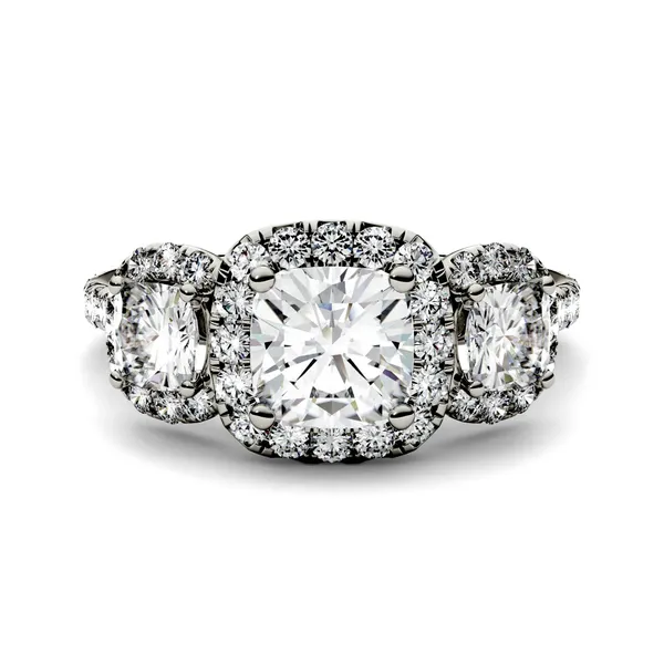 Cushion Three Stone Accented Halo Engagement Ring