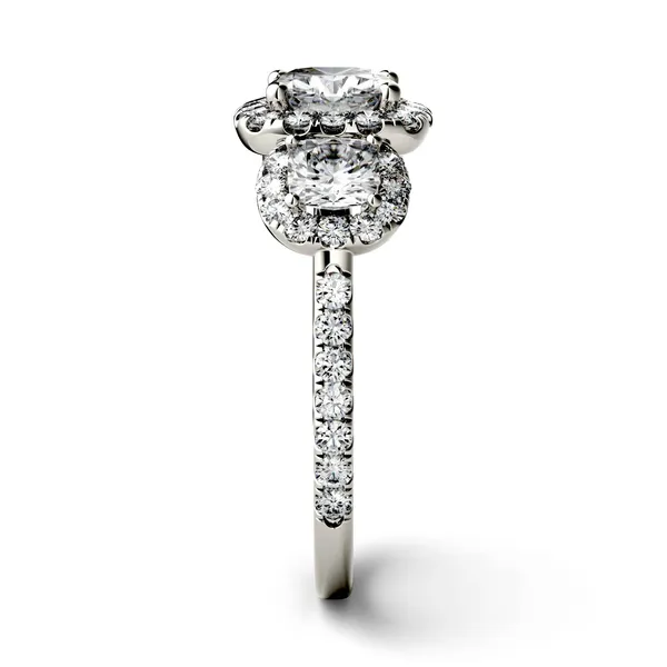 Cushion Three Stone Accented Halo Engagement Ring