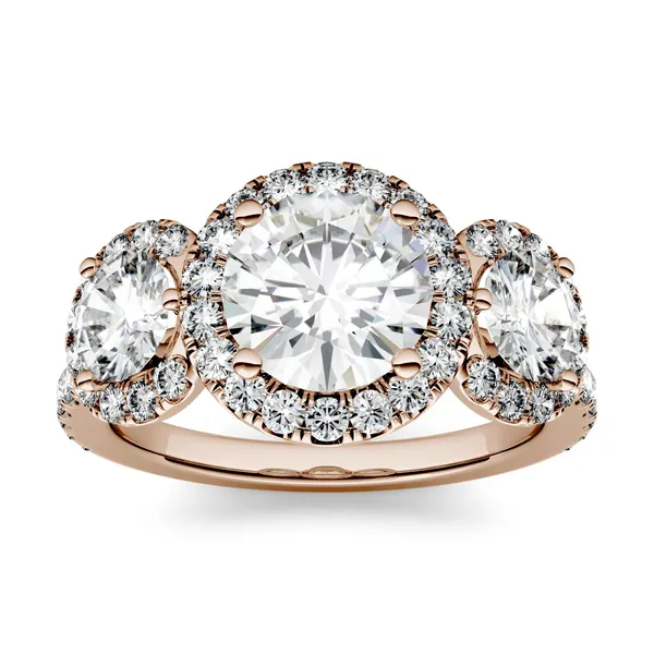 Round Brilliant Three Stone Accented Halo Engagement Ring