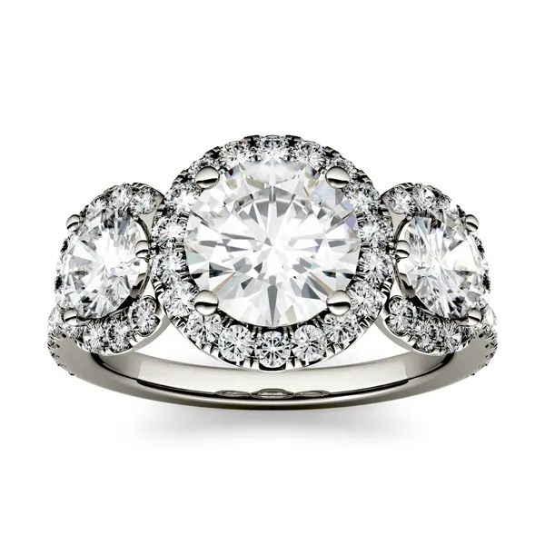 Round Brilliant Three Stone Accented Halo Engagement Ring