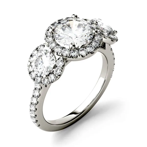 Round Brilliant Three Stone Accented Halo Engagement Ring