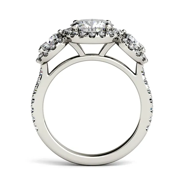 Round Brilliant Three Stone Accented Halo Engagement Ring
