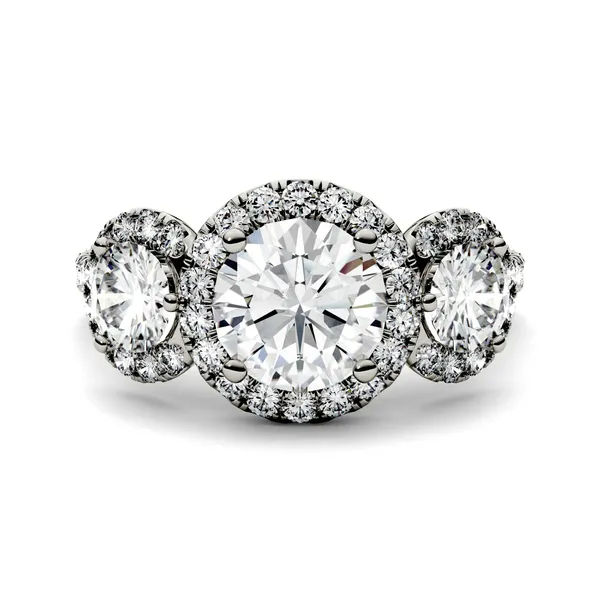 Round Brilliant Three Stone Accented Halo Engagement Ring