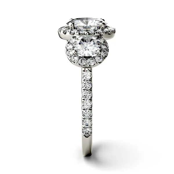 Round Brilliant Three Stone Accented Halo Engagement Ring